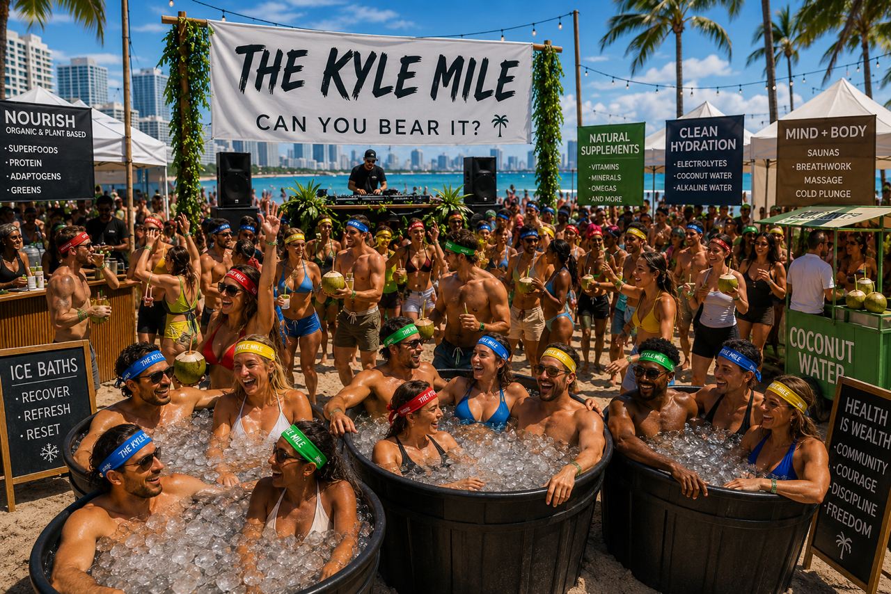 The Kyle Mile after party: crowd in headbands celebrating in ice baths under the event banner