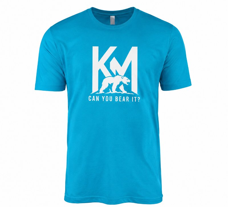 Official Kyle Mile event t-shirt: blue with white KM bear logo and 'Can You Bear It?'